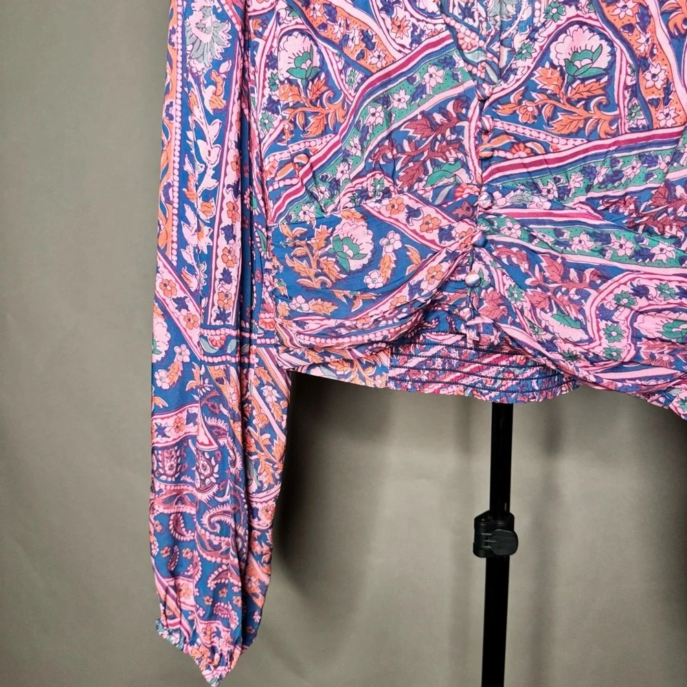 ba&sh NWT Finka Long-Sleeve Floral Paisley Puff Sleeve Crop Top Purple Pink XS - Picture 15 of 15